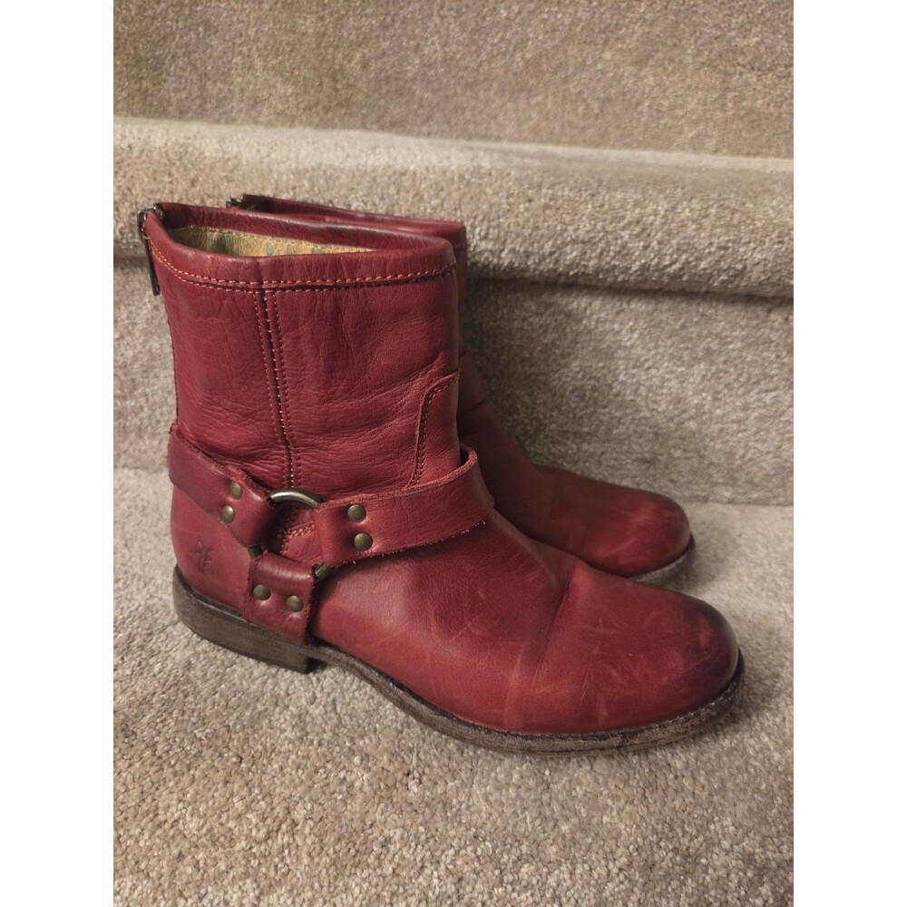 Frye "Phillip" Red Leather Harness Short Ankle Boots Women's Size 7.5